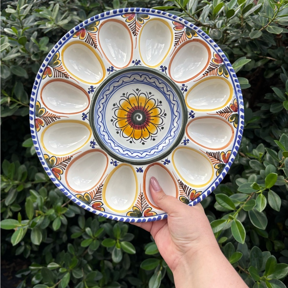 Vintage Handpainted Spanish Ceramic Deviled Egg Platter with Floral Motif